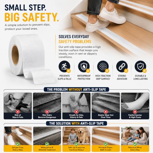 Image of YORWE Anti Slip Stair Tape with Glow in the Dark Strip - Heavy Duty Waterproof Non Slip Traction Tape for Stairs, Steps, Outdoor & Indoor Safety (White, 10 Meter)