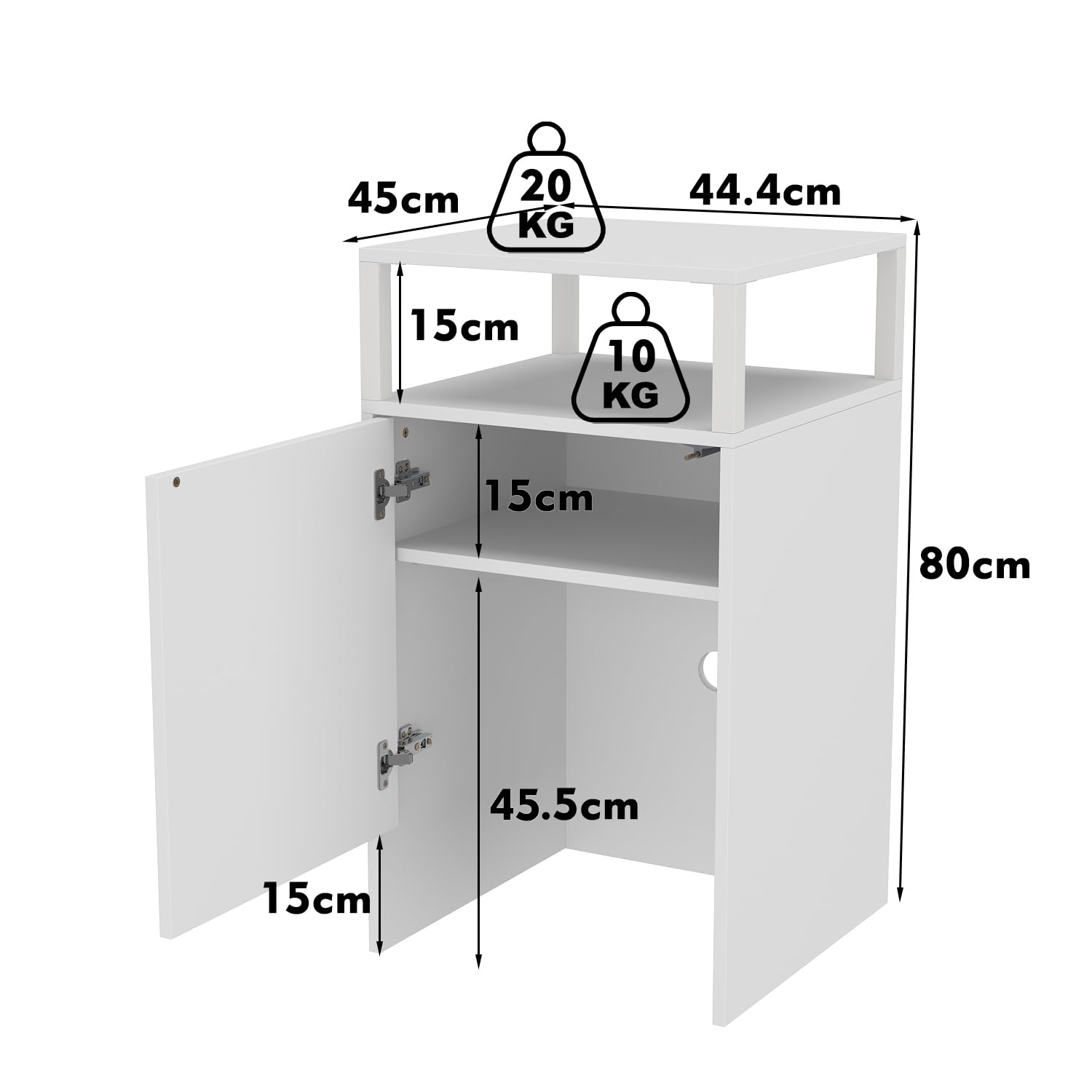 Kehrmaschinenschrank, Kleinlagerschrank, Wasserbarschrank, Multifunktionaler Kleinlagerschrank mit 1 offenen Regal und einem Schrank für Wasserbar, Beistelltisch, 80 x 44,4 x 45 cm, weiß, MDF