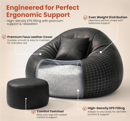 Image of Sattva Classic 4XL Bean Bag Chair with Beans Filled | Faux Leather Sofa Style Beanbags Combo with Footstool & Cushion | Comfortable Bin Bags Sofa for Adults & Home Office Seating - Black