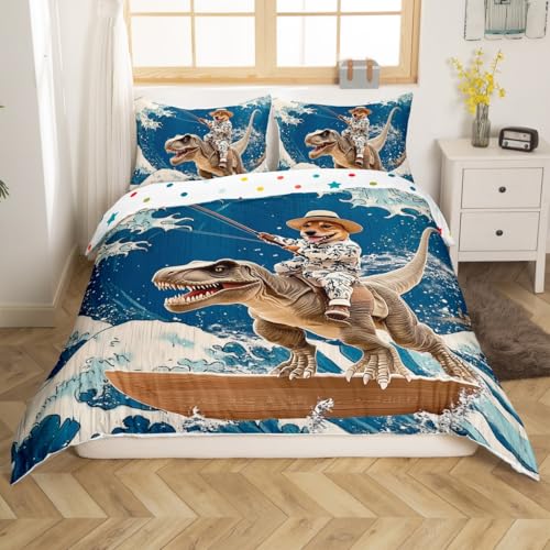 jejeloiu Funny Dog Bedding Set Cool Dinosaur Duvet Cover for Kids Boys Girls Japanese Ocean Wave Comforter Cover Wooden Print Bedspread Cover Room 2Pcs Toddler Size,Zipper,No Comforter