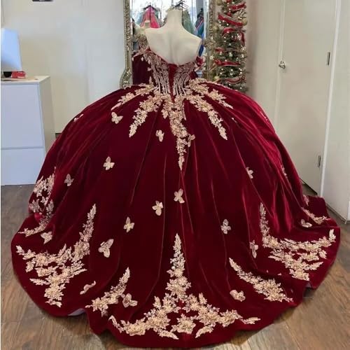 ZVOCY Velvet Quinceanera Dresses Gold Lace Butterfly Applique Ball Gown Off Shoulder Sweet 15 16 Masquerade Princess Dresses2