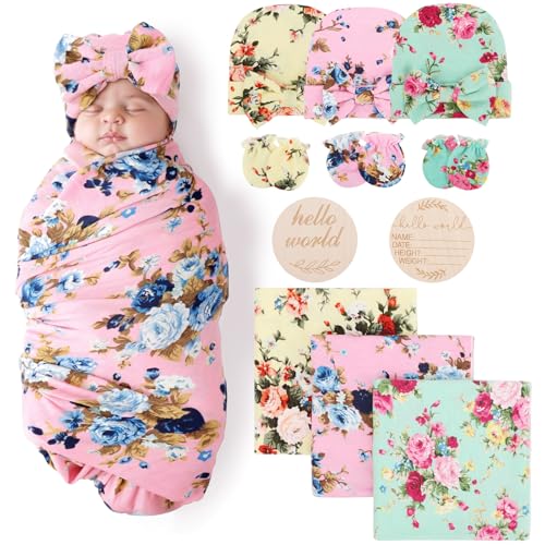 Image of AQOKKA Baby Swaddle Blankets with Bow Hat Headband Set Infant Receiving Blankets Swaddles for Newborns Unisex Toddler Swaddle Wrap Sets for Baby Girls Boys Nursery Warm Shower Gift
