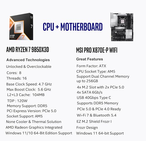 Image of MICRO CENTER CPU Motherboard Combo - AMD Ryzen 7 9850X3D Desktop Processor with MSI PRO X870E-P WiFi Motherboard (ATX, AM5, DDR5, PCIe 5.0, M.2 Gen5, Wi-Fi 7)