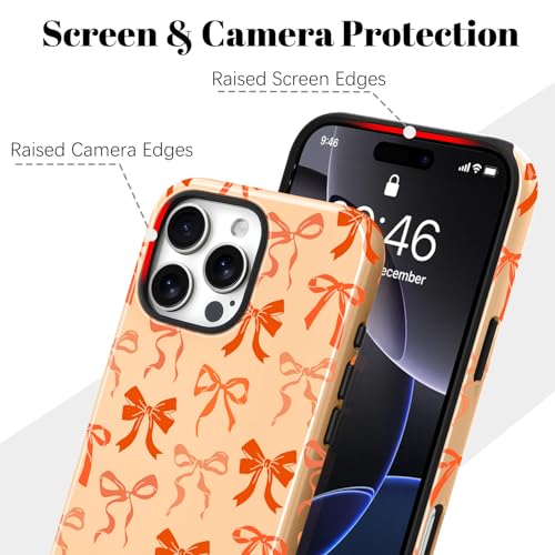 Image of Magnetic for iPhone 16 Pro Max Case for Women Men, Orange Bow | Cute Ribbon Bow Pattern Design [Compatible with MagSafe] 2-Layer Hybrid Shockproof Glossy Protective Cover