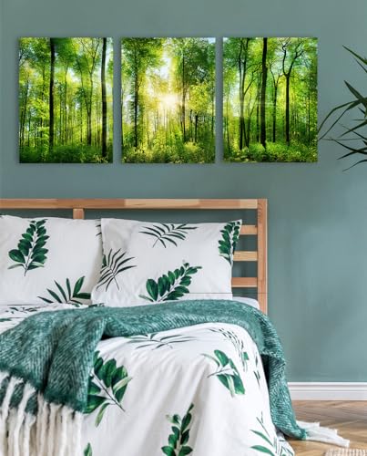Hlj Art Forest Art Canvas Wall Decor: 3 Panel Nature Wall Art Landscape Paintings Framed Trees Green Pictures Sunrise Scenery Wall Decor For Living Room Bedroom Office Bathroom 12 X 16 Inch thumb #1
