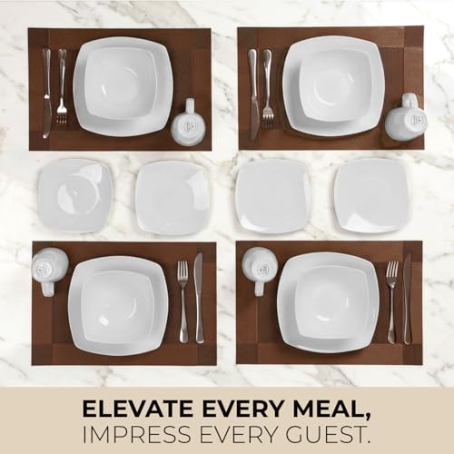Image of Zulay Kitchen Luna Plates and Bowls Sets, 16 Piece Modern Porcelain Dish Set for 4, Chip and Scratch Resistant Square Dinnerware Set, Microwave and Dishwasher Safe, Pearl White