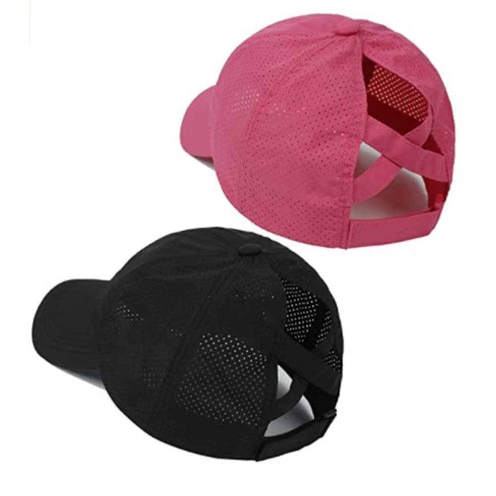 ISTOVO 2Pcs Women Criss Ponytail Baseball Cap High Messy Bun Ponycap Mesh Outdoor Travel Hat, Pink+Black