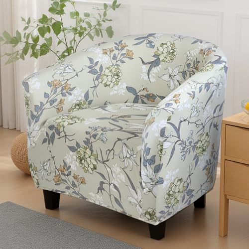Image of SearchI Club Chair Slipcover Stretch Barrel Chair Covers Printed Tub Chair Slipcovers Soft Spandex Armchair Sofa Cover Removable Couch Furniture Protector for Living Room (Green Flower)