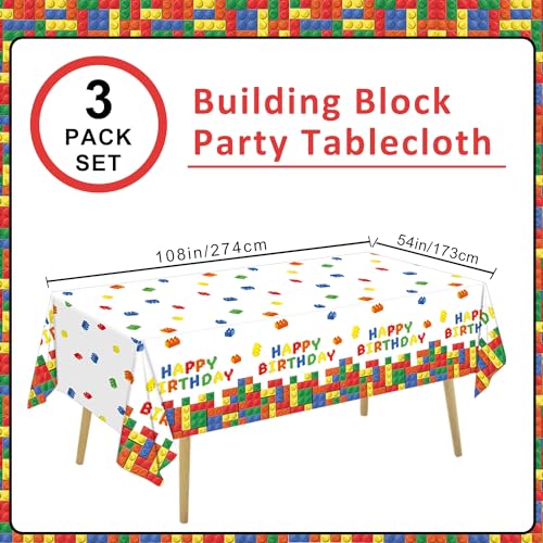 Image of LINHAXM 3 Pack Building Block Party Tablecloth Building Block Disposable Plastic Table Cover for Blocks Birthday Party Supplies, 54 x 108 Inch