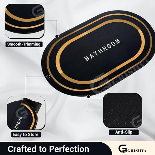 Image of GRISHVA Rubber 3.5mm Anti-Skid Water Soaking Bathroom Print Oval Door Mat, Water Absorbent Mat (40x60cm) Black