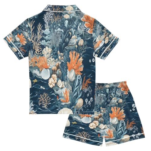 ALAZA Coral Reef Ocean Starfish Seashell Satin Pajamas Set Short Sleeve Button Down Sleepwear Summer Pjs 2 Piece2