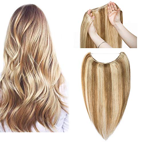 Hidden Invisible Crown Flip on Human Hair Extension One Piece Secret Miracle Wire in Hairpieces Highlight Remy Hair Translucent Fish Line Headband 70g 20'' #12P613 Light Brown with Bleach Blonde