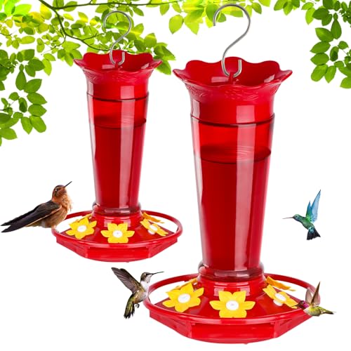 Gbekery 10 OZ Glass Hummingbird Feeders for Outdoors Hanging - Red 2 Pack, Ant & Bee Proof and 6 Feeding Ports, Garden Yard Décor Gifts for Mom