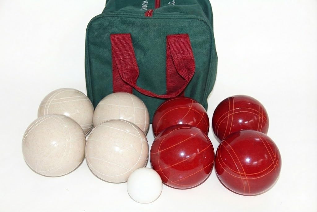 BuyBocceBalls Listing - Made in USA, Premium Quality Tournament Bocce Set - 110mm White and Red Balls, Nylon Maroon Bag, 998 Grams (2 lbs. 3.2 oz.). Various Bag Colors