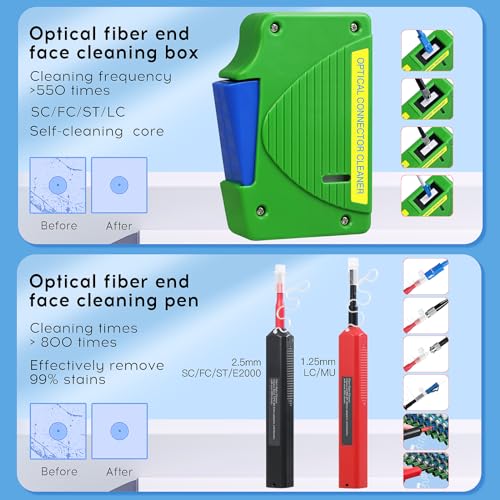 BAOSHLA 11 in 1 Fiber Optic Cleaning kit 1.25mm/2.5mm Interface Optical Cable Cleaner Tool with 550 Times Fiber Optic Cleaning Box and Replace core SC LC Cleaning Pen Cleaner Cotton swabs Set