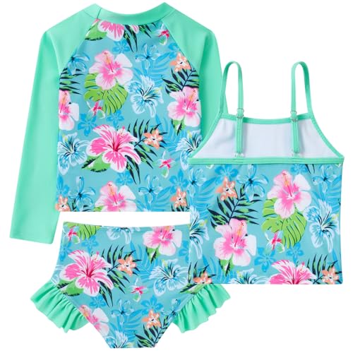 Image of Funnycokid Girls Swimsuit 3 Pieces Long Sleeve Rash Guard Set Tankini Bathing Suits Summer Kids Swimwear 3-10 Years
