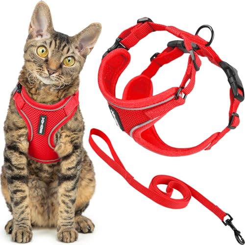 Image of Voyager Escape-Proof Step-in Lock Cat Harness & 5ft Neoprene-Handle Leash Set All-Weather Mesh with Reflective Stitching for Small to Large Cats by Best Pet Supplies, Red (327), XS