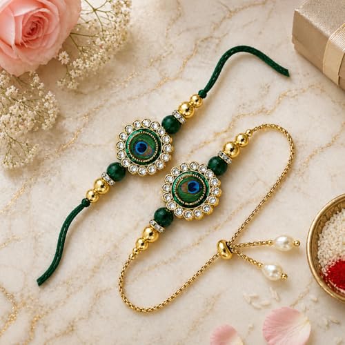 Image of Riddhika Ventures Glorious Gold Plated Religious Diamond Ring Rakhi || Traditional Rakhi Set of 2 & Festive Gift || Rakhi Gift Combo for Bhaiya Bhabhi (J2SM)