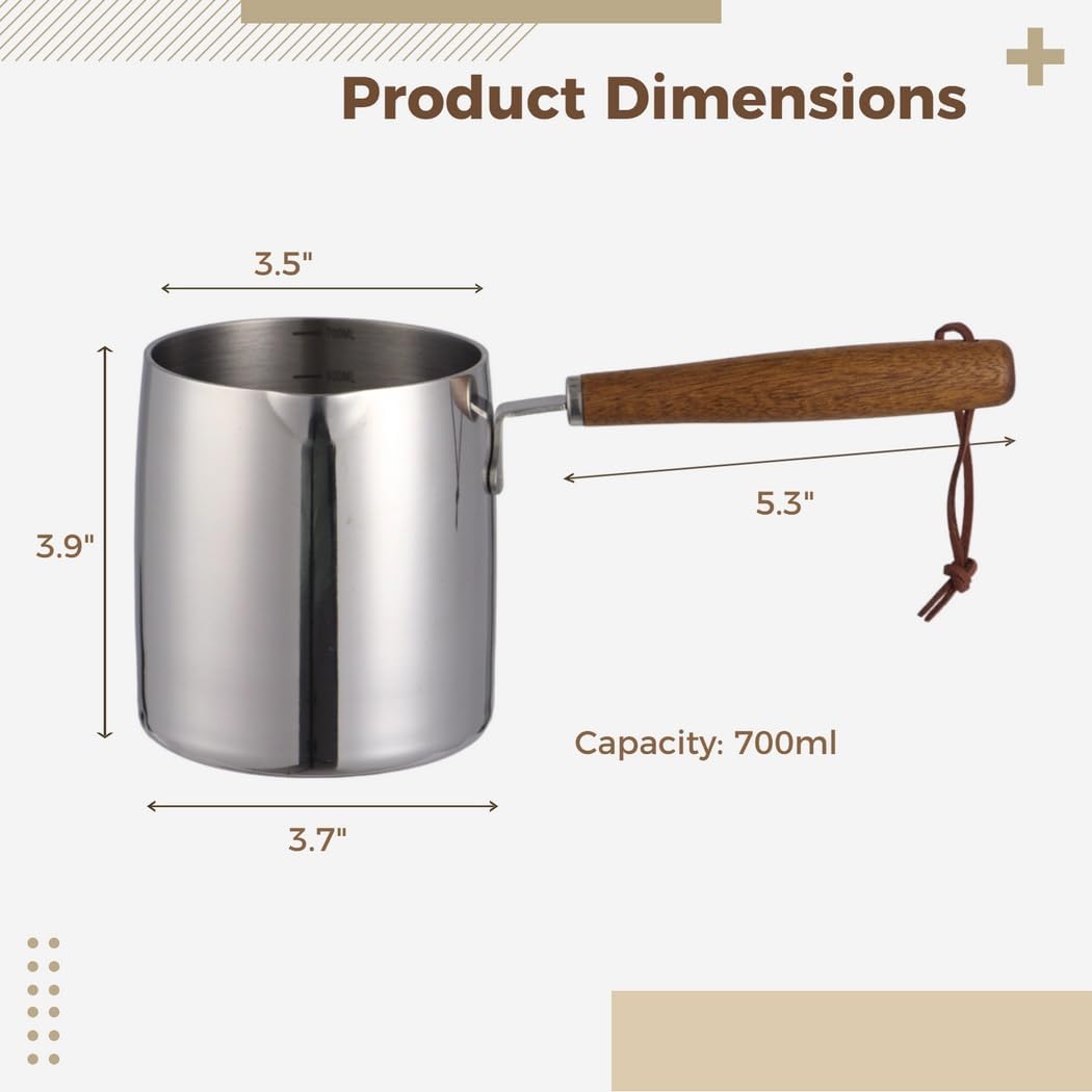 Anti Scalding Chocolate Melting Pot, Small Coffee Maker, Wooden Handle Milk Pot, Scale with Pouring Spout and Boiling Pot, 700Ml Stainless Steel Sauce Pot, Butter Warmer Pan