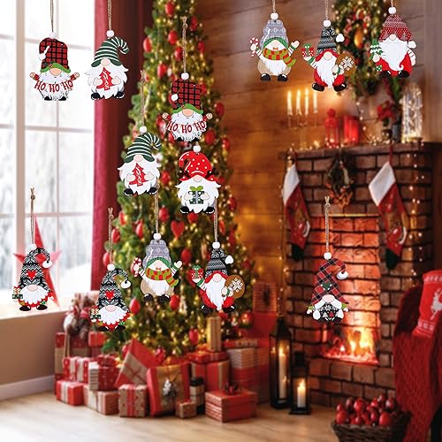 16 Pcs Rustic Christmas Tree Ornaments Wooden Gnome Ornaments Farmhouse Christmas Tree Hanging Decorations for Xmas Home Office Fireplace Mantel Winter Party image 3