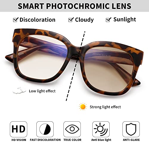 Jim Halo Photochromic Blue Light Blocking Glasses for Women Oversized Square Computer Glasses Reduce Eye Strain Tortoise - Image 3