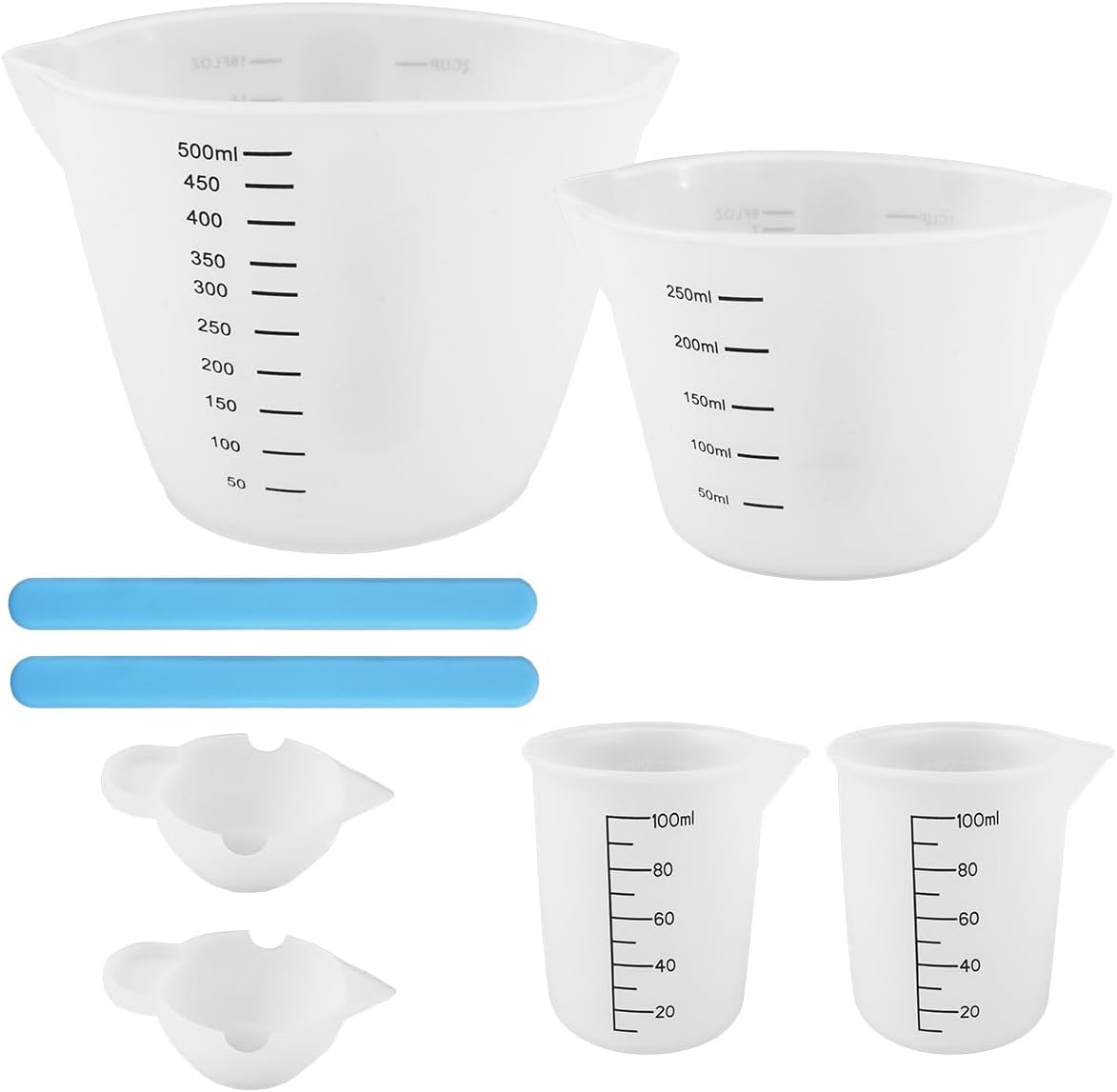 Zestaw 6 silikonowych kubków z miarką do żywicy epoksydowej, 10 ml/100 ml/250 ml/500 ml, silikonowe kubki z miarką, dzbanki z 2 silikonowymi mieszadłami, do żywicy epoksydowej, DIY