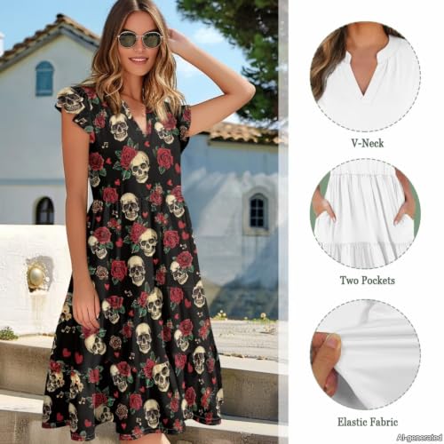 Image of Womens Summer Dress Ruffle Sleeve V Neck Dress Casual Fit Flowy Beach Vacation Sundress with Pocket S-2XL