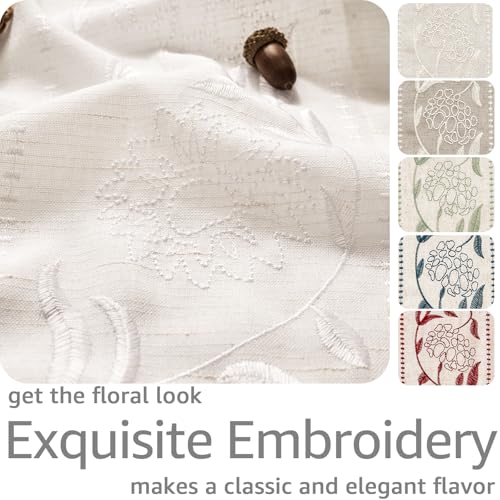 Image of jinchan White Floral Linen Curtains for Living Room 84 inch Back Tab 2 Panels