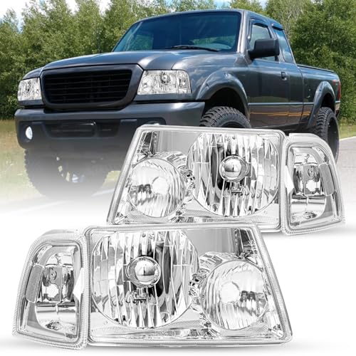 SOCKIR Headlight Assembly Set for 2001 to 2011 Ford Ranger Passenger & Driver Side with Corner Light 4PCS (Chrome Housing with Clear Reflector)