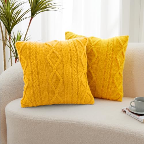 Throw Pillow Covers Set of 2 -Handknit Decorative Throw Pillow Covers,Wool Woven Cushion Covers,Chunky Yarns Couch Pillow Covers for Sofa Living Room Home Decor,Straw,16x16 Inch