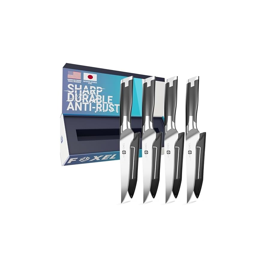 FOXEL-Best-Steak-Knives-Knife-Set-of-4-8-or-12-Non-Serrated-Straight-Edge-Blade-Razor-Sharp-Rust-Resistant-Japanese-VG10-Steel-Gift-Box-Set-Hand-Wash-Only FOXEL Best Steak Knives Knife Set of 4, 8, or 12 - Non Serrated Straight Edge Blade Razor Sharp - Rust Resistant Japanese VG10 Steel - Gift Box Set - Hand Wash Only