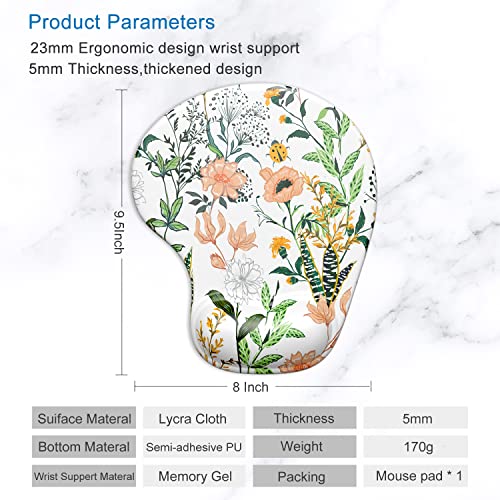Itnrsiiet Mouse Pad, Ergonomic Mouse Pad With Gel Wrist Rest Support, Floral Mousepad With Lycra Cloth, Non-Slip Pu Base For Gaming Computer, Laptop, Home, Office & Travel, Floral #TOP4