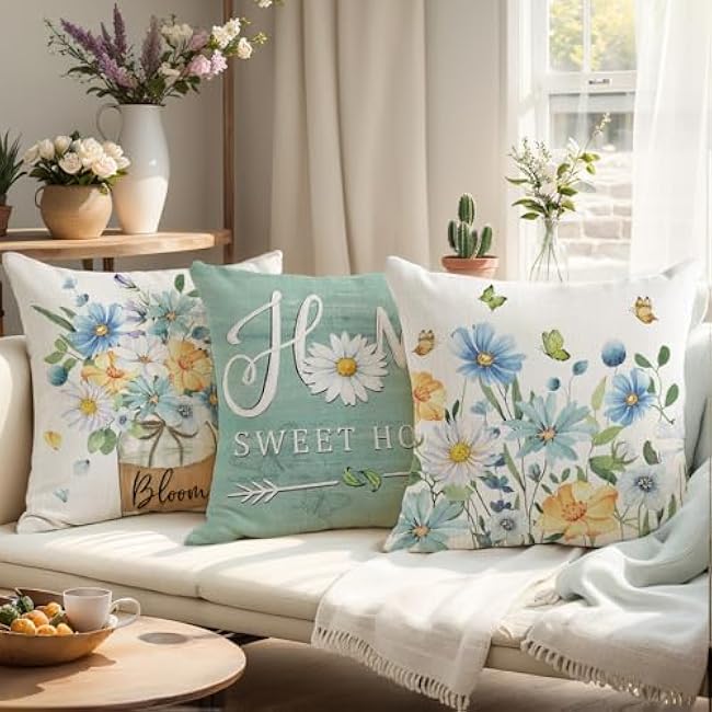wyooxoo Spring Pillow Covers 18x18 Set of 4 Farmhouse Throw Pillow Covers Floral Decorative Cushion Cases for Sofa Couch Living Room Outdoor Home Decor