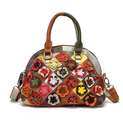 Borsa Tote Fiori Multicolore a conchiglia in vera a tracolla floreale colorata a mano a in stile boemo donna pelle