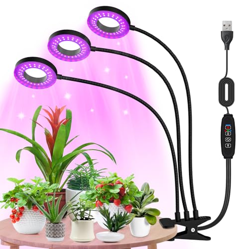 GERYLOVE 45W LED Plant Grow Light, 144 LED Full Spectrum Plant Grow Lights with 3 Adjustable Gooseneck Heads, Auto On/Off Waterproof Grow Lights with 9 Levels Dimming for Indoor Plants