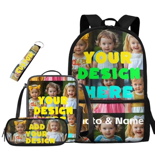 Custom Teens Backpack with Lunch Box Portable School Bags with Front Compartment Custom Name Photo Girls Bookbags with Pencil Case and Keychain for Elementary Middle School
