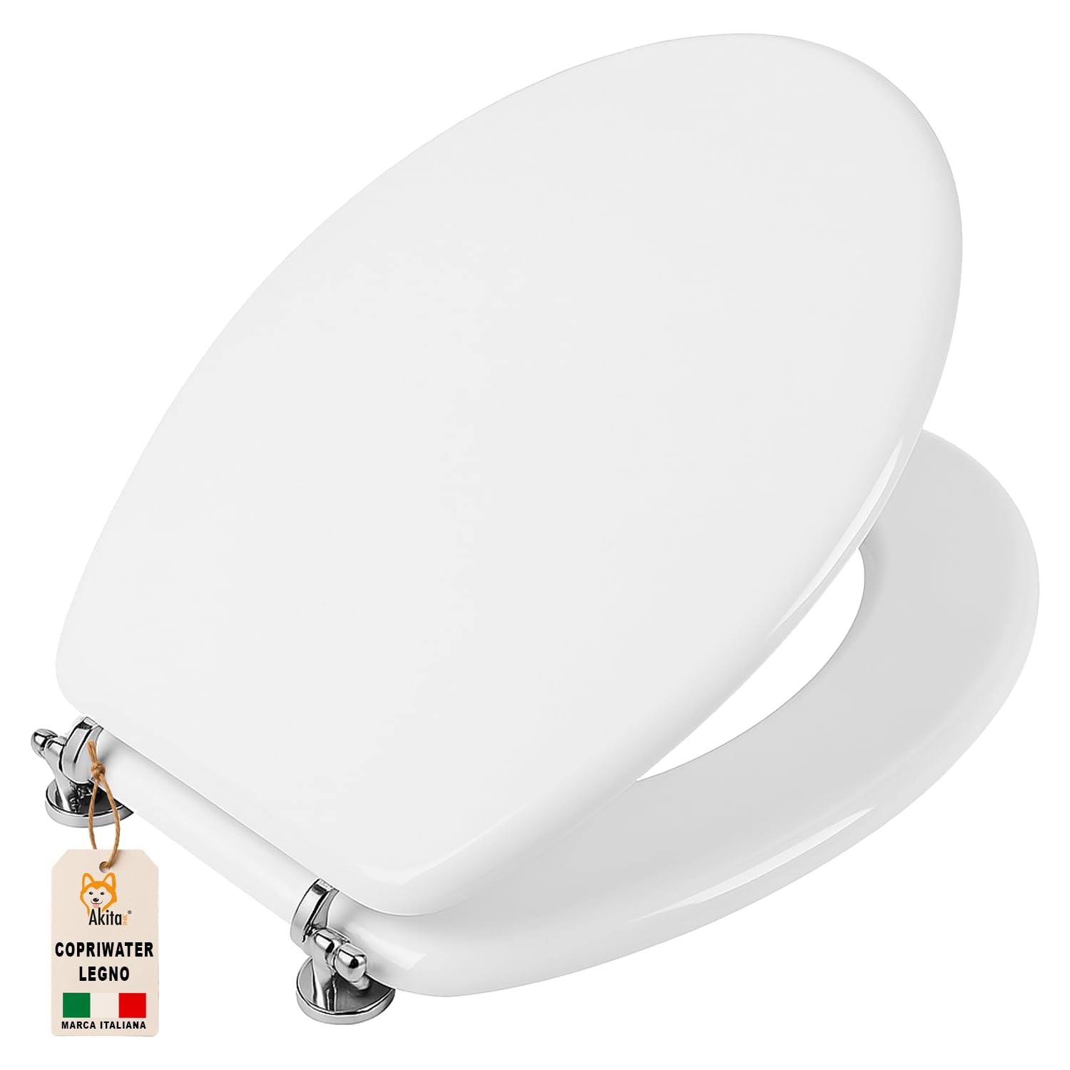 AKITAInk Copriwater Universale in Legno MDF Bianco – Sedile WC per Bagno, Tavoletta Copri WC Resistente con Cerniere in Metallo, Adatto a Tutti i Sanitari Standard
