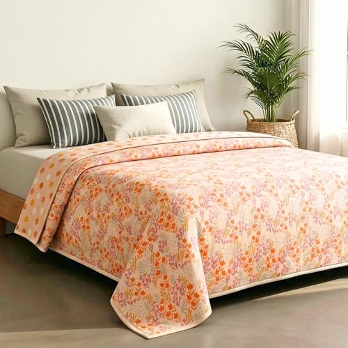 Image of haus & kinder Cotton Dohar for Single Bed | Lightweight Summer AC Blanket | 3 Layer Soft Breathable 100% Cotton Quilt for Bed | Kawai Bloom Blush Pink | 144 TC | 220 x 142 cm (87 x 56 Inches)