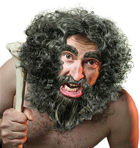 Perruque & barbe + sourcils homme préhistorique | homme de Néandertal | gnome des bois | ermite en gris/gris foncé pour carnaval ou fête masquée
