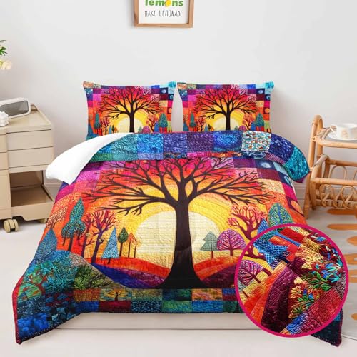 Image of AILONEN Tree of Life Comforter Set,3-Piece Patchwork Abstract Art Landscape Boho Twin Bedding Set,Lightweight Micorifber Duvet with 2 Pillowcases
