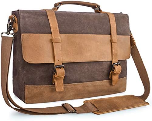 Mens Messenger Bag 15.6 Inch Waterproof Vintage Genuine Leather Waxed Canvas Briefcase Large Satchel Shoulder Bag Rugged Leather Computer Laptop Book Bag Brown