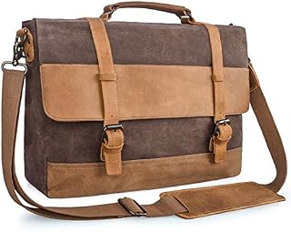 Mens Messenger Bag 15.6 Inch Waterproof Vintage Genuine Leather Waxed Canvas Briefcase Large