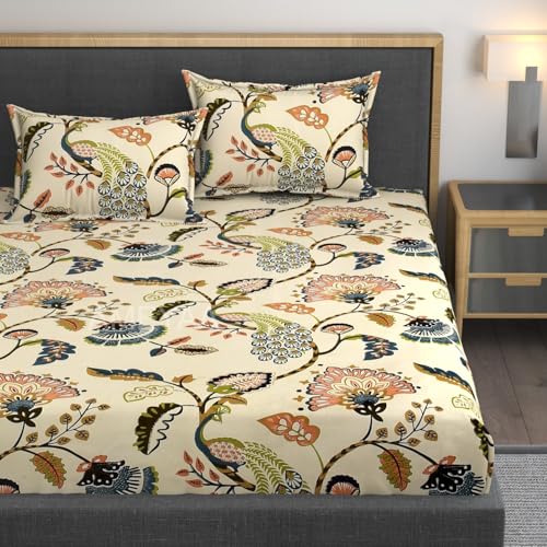 Image of 350 Tc Cotton Feel Glace Cotton All Around Elastic Floral Fitted Bedsheets Queen Size|Premium Super Soft Fitted Bedsheet Queen Size For Double Bed|Fits Up To 8 To 10 Inches,60 X 78,(Beige)