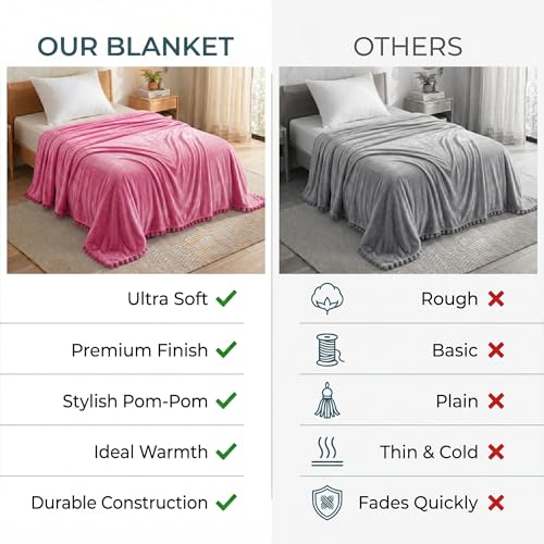 Image of SANMARINO 250 GSM Flannel Blanket for Single Bed | Ultra Soft Velvet Touch Throw Blanket with Decorative Pom Pom Fringe | Lightweight & Breathable All-Season /Mild Winter -152x228 cm,Beige