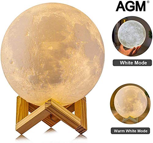 AGM Lamp, 3D Printed Technology USB Rechargeable Indoor Specialty Decor Moon Lights Touch Control for Gift/Thanksgiving/Christmas/Anniversary[Diameter 5.91 inch/2 Colors], 3.7 W, White