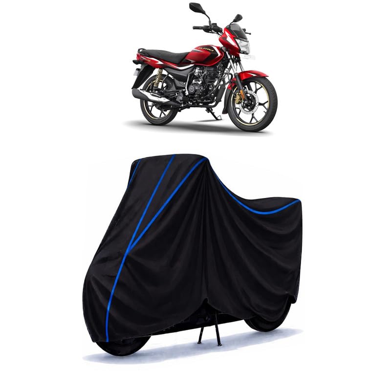 Image of Bajaj Platina 110 ABS Bike Cover Water Resistant Universal Motorcycle Rain | Heavy Duty UV Protection, Dust, Scratch Indoor Outdoor All Weather with Black Blue Piping Elastic