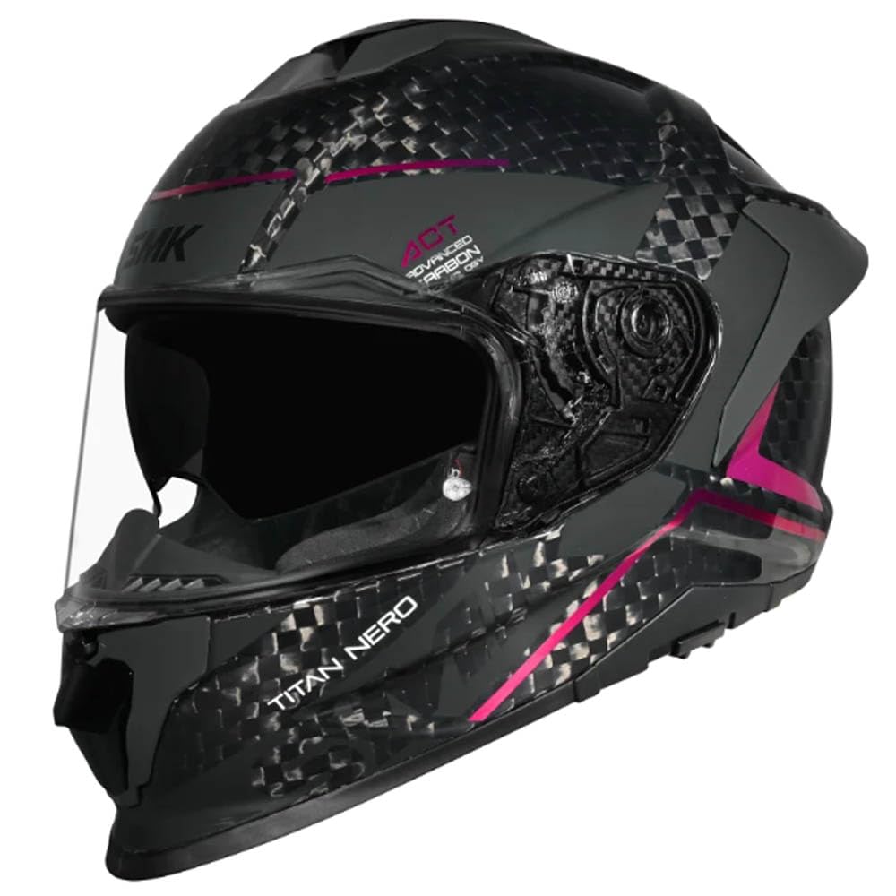 SMK Titan Carbon Nero Rosa Cromado - Casco de Moto Integral en Fibra de Carbono con Visor Solar Interior, Unisex Helmets Hombre y Mujer, Homologado 22.06