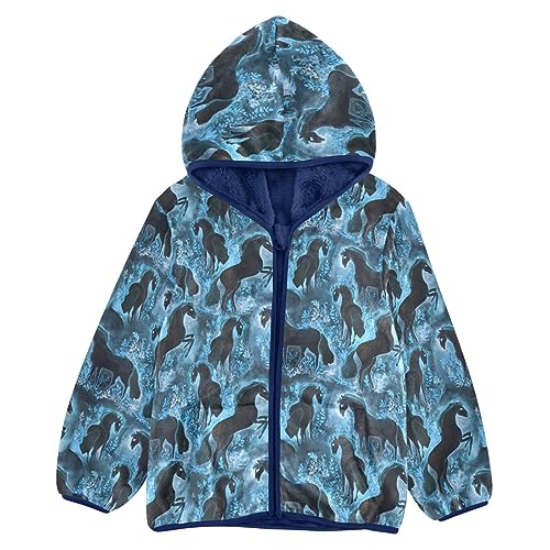 Black Horses Blue Floral Boys Fleece Hoody Jacket Zip Up Coat Warm Fall Winter Plush Jacket Long Sleeve Outerwear