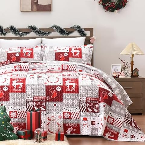 Newspin Christmas Quilt Set Queen Size, Soft Reversible Quilted Christmas Bedspread Coverlet Lightweight Full/Queen Quilt Bedding Sets with Xmas Santa Tree Snowman Red Plaid Patchwork Pattern Cover