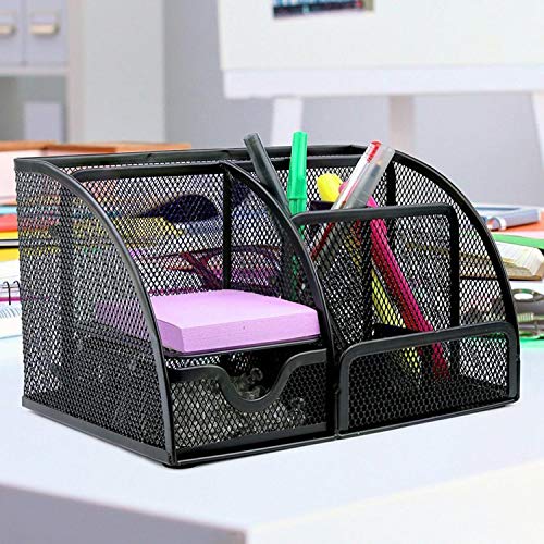 Image of Mesh Desk Organizer Office Supplies Caddy Steel Mesh Desk Organizer Supply Caddy with 6 Compartments And 1 Drawer - Black